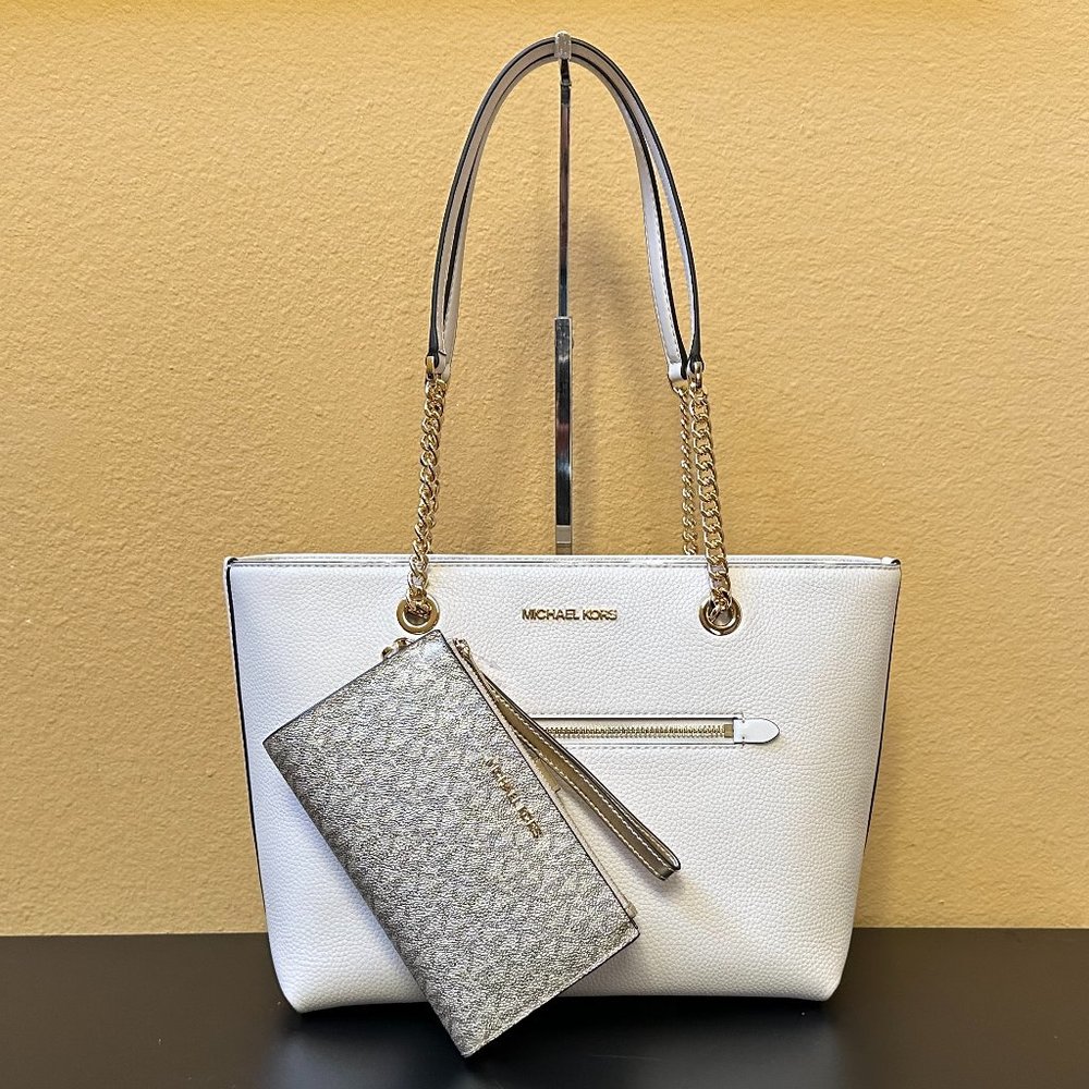 Michael Kors Jet Set Medium Front Pocket Chain Tote Light Cream + Wallet MK Gold